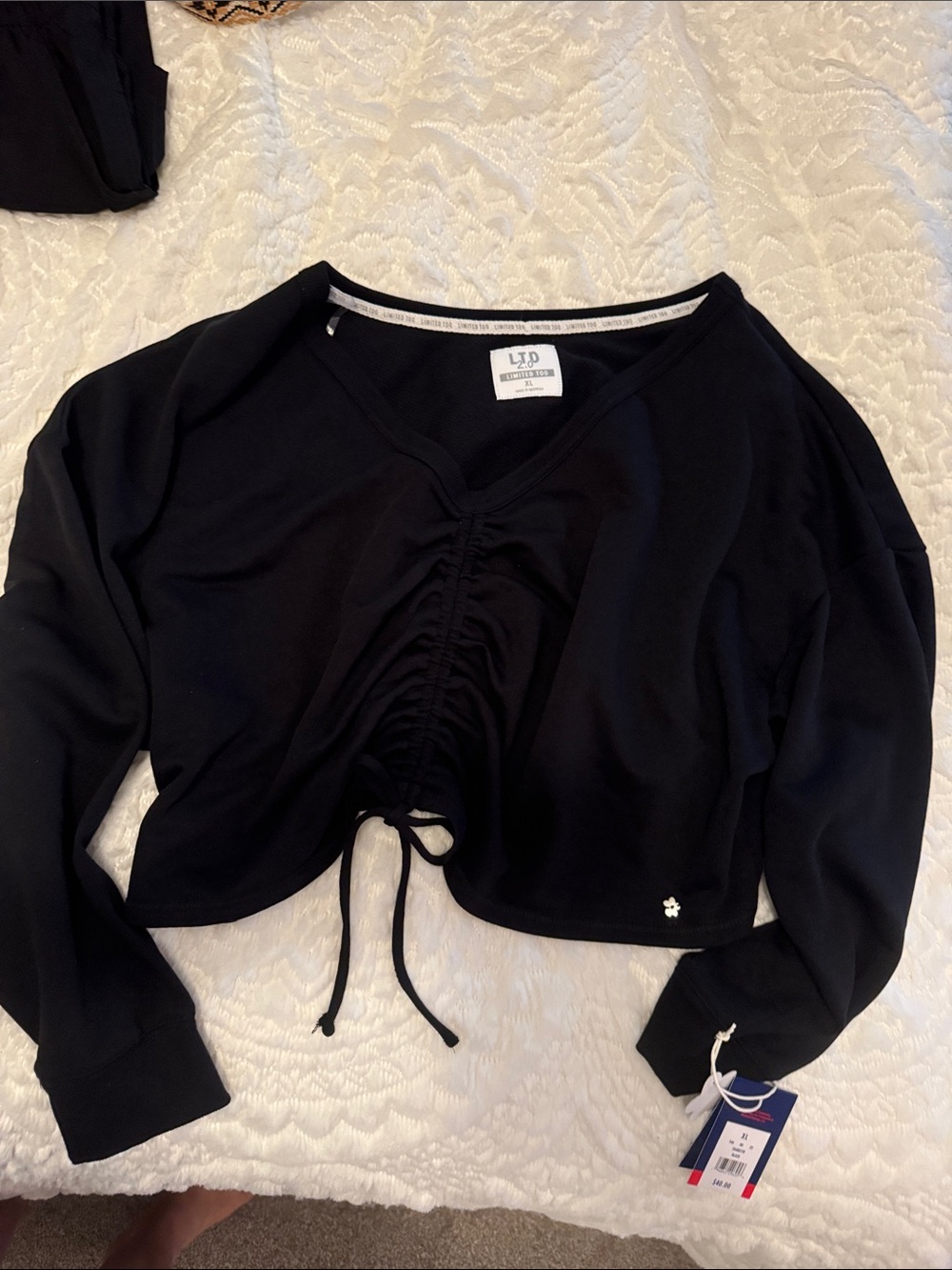 Limited Too Black Ruched Drawstring V-Neck Cropped Sweatshirt